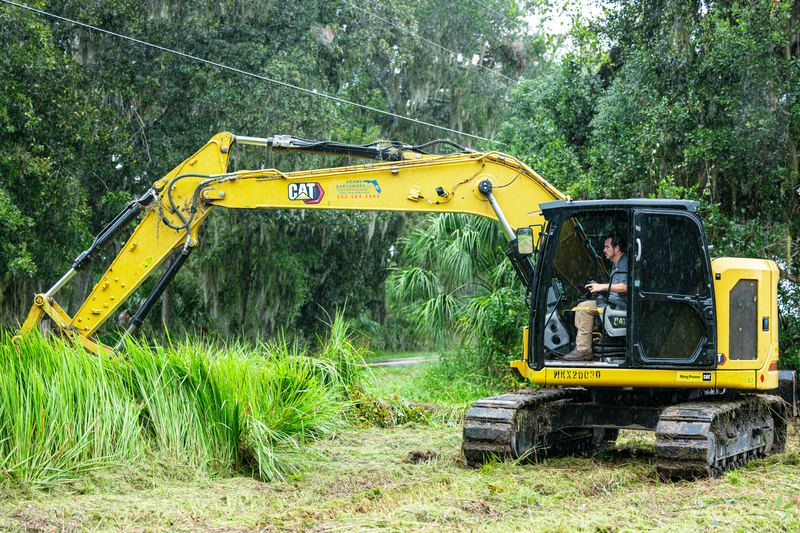 Excavator cutting through tall grass and palmettos