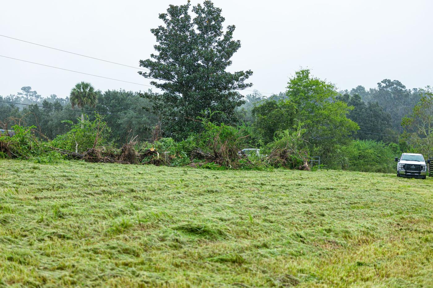 Mowed field in the foreground with a pickup and a pushed-up brush line behind